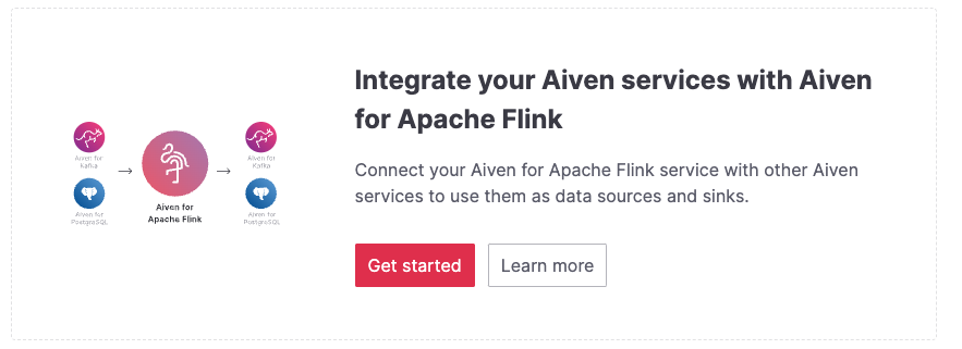 Image of the Aiven for Apache Flink Overview page with focus on the Get Started Icon