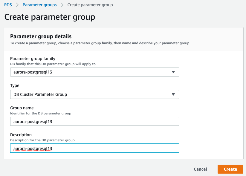 Aurora PostgreSQL cluster parameter group