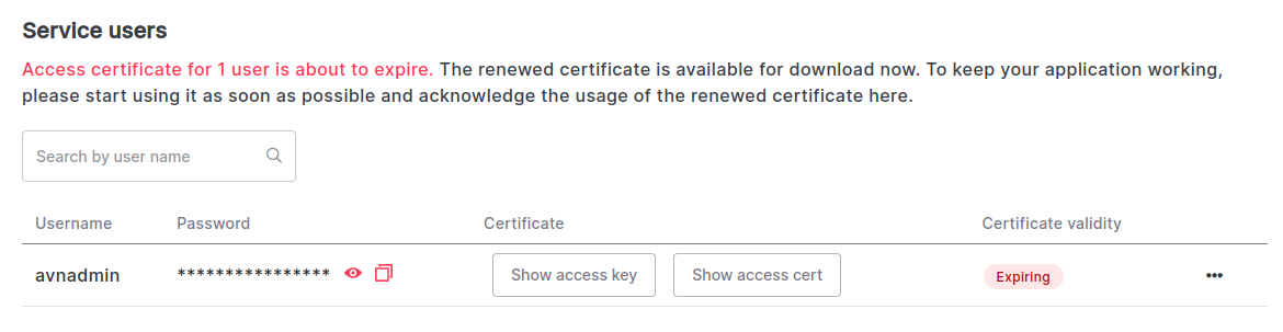 Apache Kafka service user SSL certificate and access key download